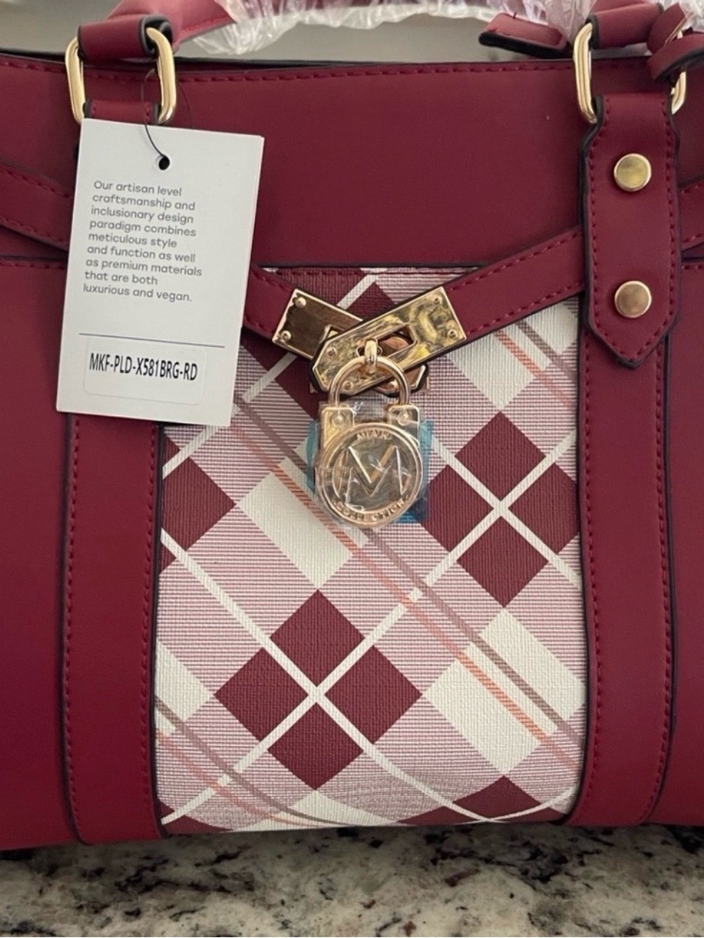 Source Unknown Burgundy Plaid purse with Gold Hardware with matching Wallet